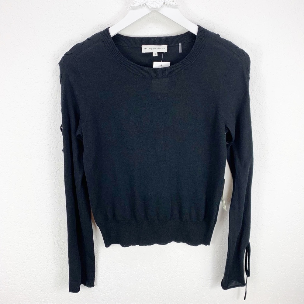 White + Warren Black Lace Up Sleeve Sweater Size small S NWT